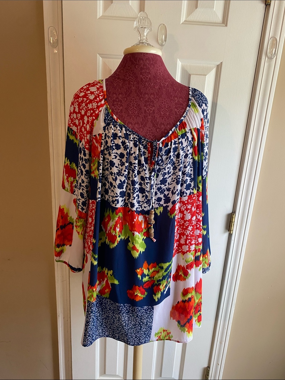Valerie Steven’s Boho Patchwork Floral Tie-Front  Size 2X Top Navy, Red, White